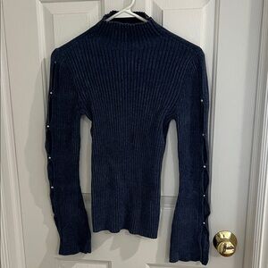 White House Black Market Navy Ribbed Turtleneck Sweater with Sleeve Buttons